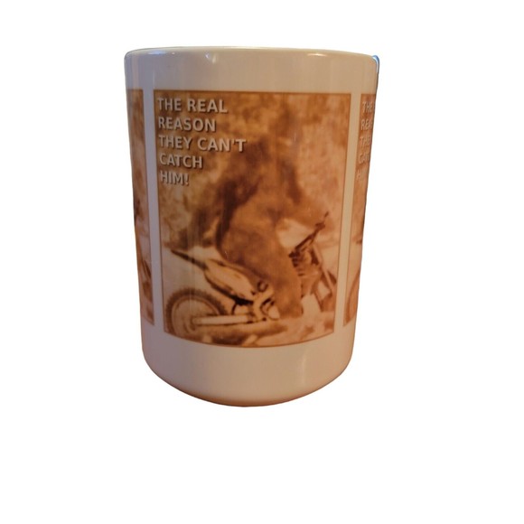 Sasquatch on Motorcyle Ceramic Mug Orca Coatings Real Reason They Can't Find Him - Picture 2 of 5